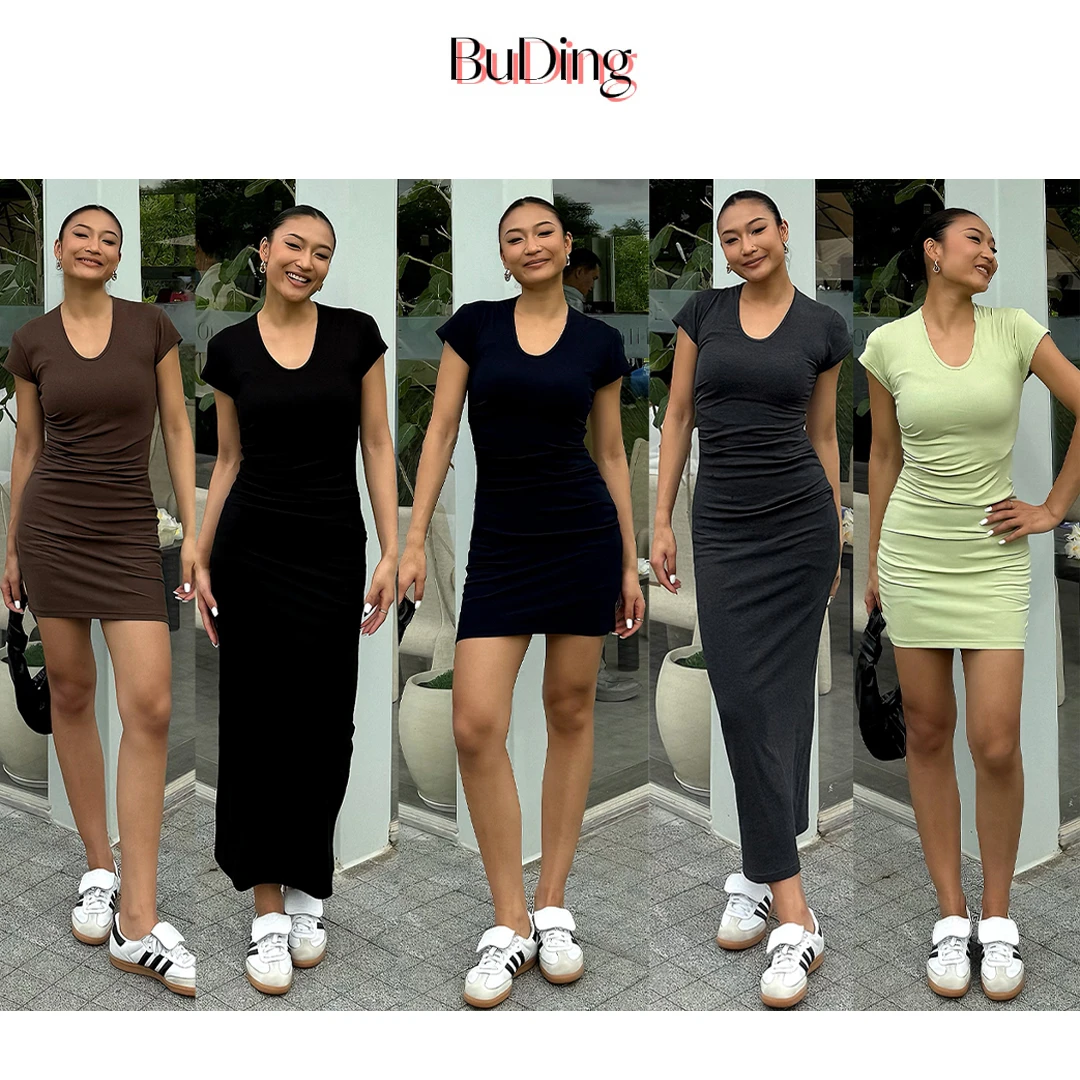 BuDing 欧美风U型鹅蛋领修身显瘦短袖包臀连衣裙