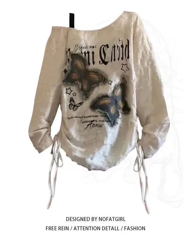 壹   玲玲长袖蝴蝶抗起球设计感通勤抽绳T恤ins破洞印花拼接