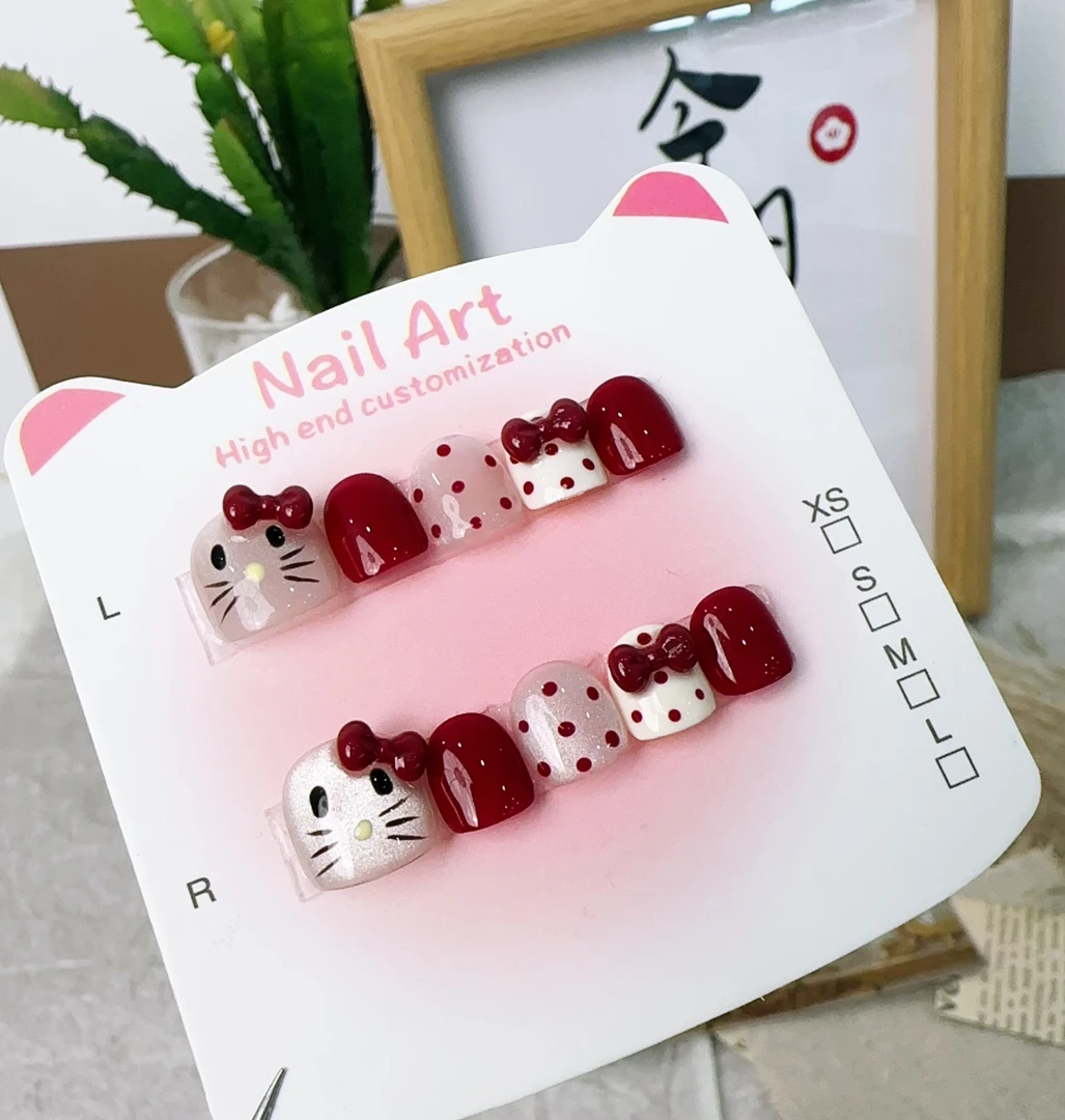 Kitty 猫蝴蝶结猫眼波点手绘新年美甲红色