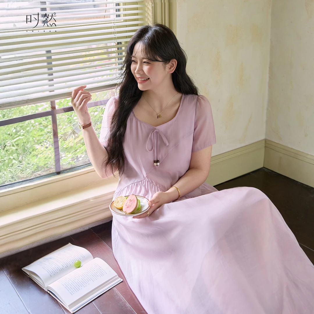 时然【紫霭轻罗】微胖大码女装夏季百搭显瘦系带收腰方领通勤连衣裙