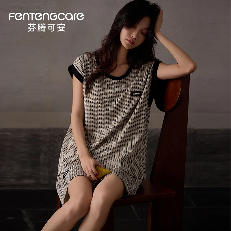 芬腾可安2025【带胸垫】纯棉睡衣女夏季宽松薄款女家居服套装可外穿