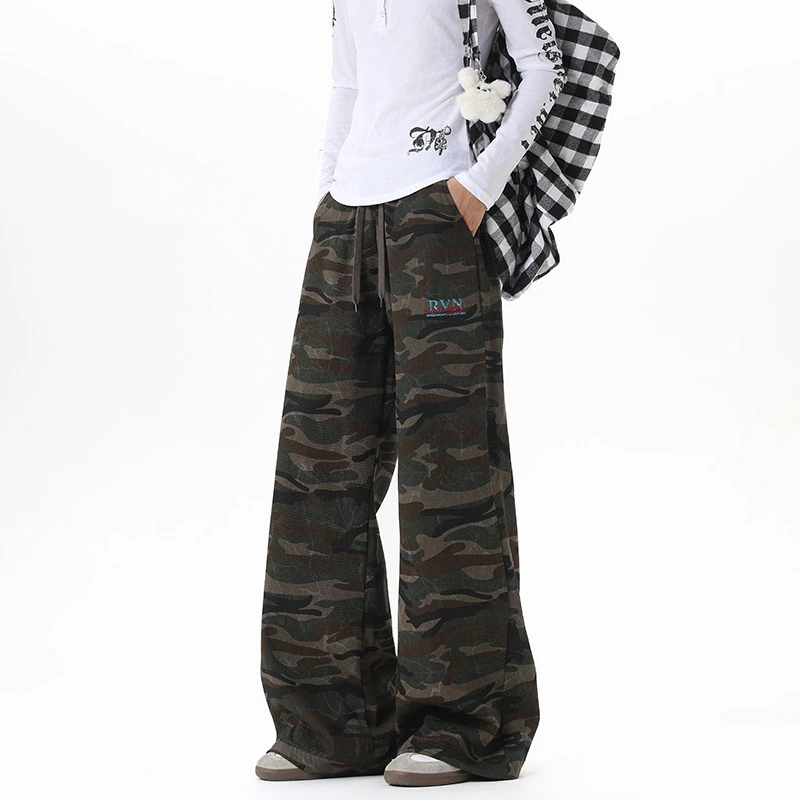 美式复古松紧腰抽绳工装迷彩休闲裤男秋美式高街微喇宽松运动卫裤