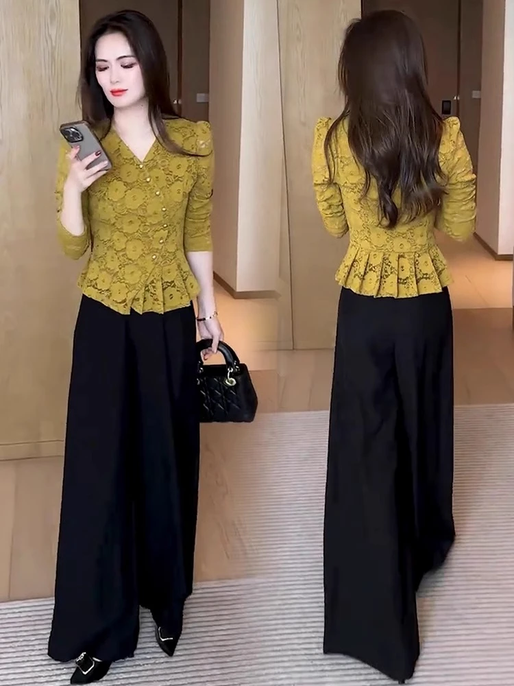时尚套装女2025春季新款时髦洋气长袖蕾丝衫阔腿裤显瘦气质两件套