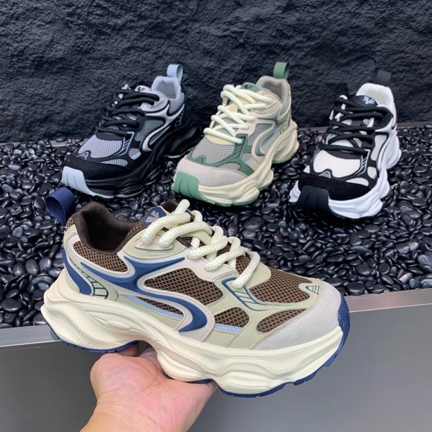 2025男厚底增高运动老爹鞋皮拼网面舒适透气时尚休闲鞋网红运动鞋