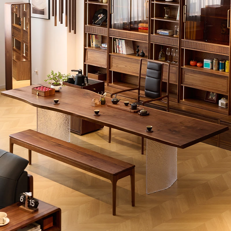 北美黑胡桃木大板桌实木亚克力茶桌310*90*75