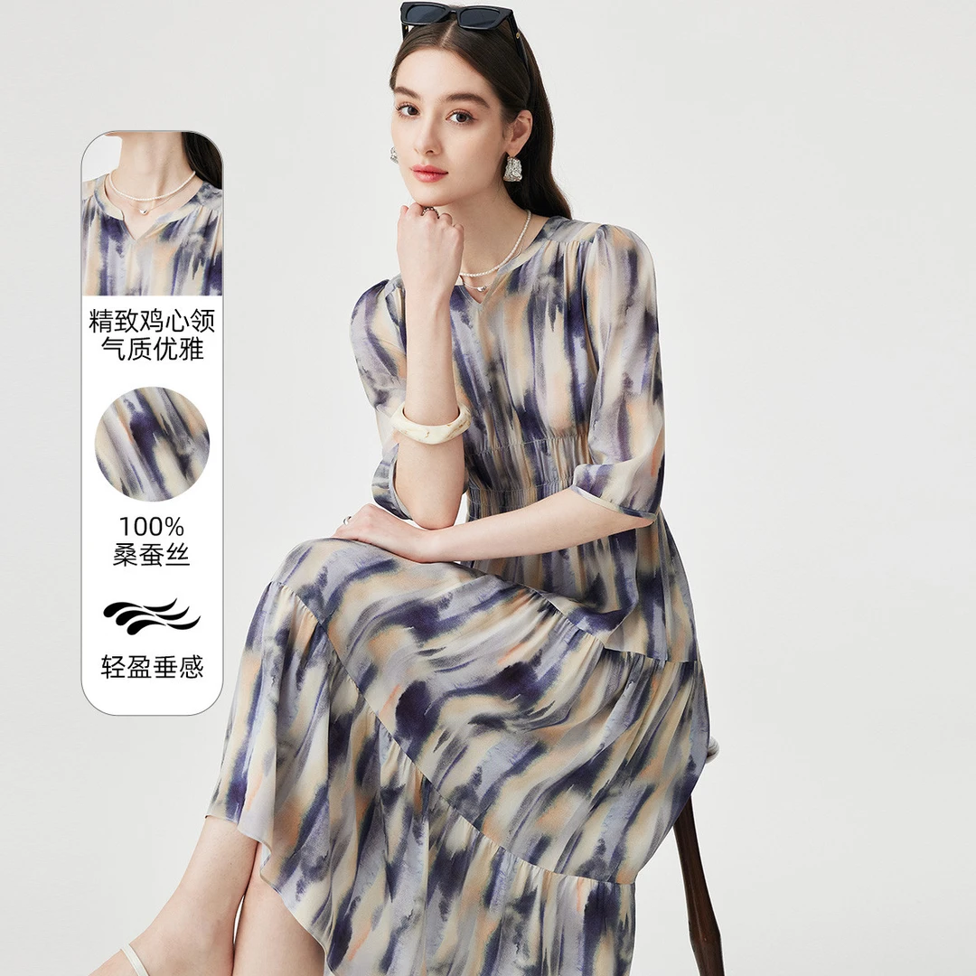 100%桑蚕丝春夏小V领减龄晕染印花真丝连衣裙女ES250839Z