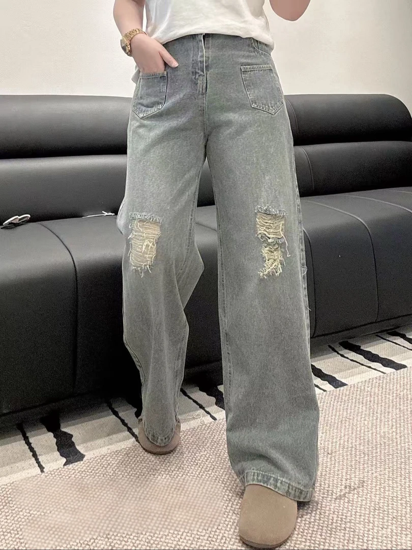 新款大码夏季穿搭9308 复古做旧毛边破洞拉丝显高显瘦直筒牛仔裤