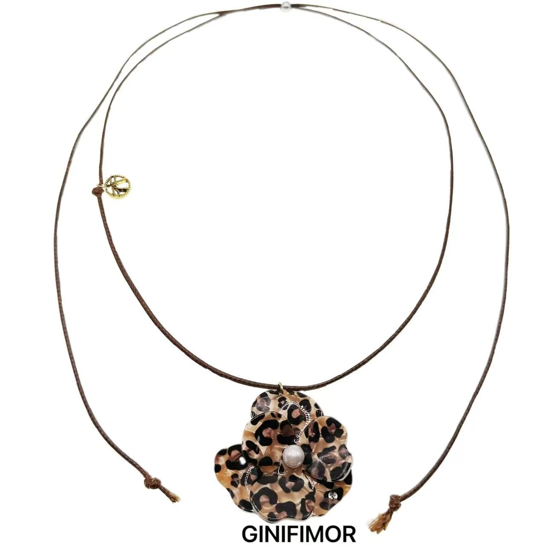 GINIFIMOR 铜项链 a611 美拉德豹纹花朵项链长款辣妹挂脖毛衣链