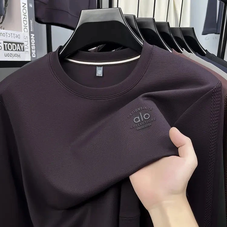 皮尔卡丹纯色男士秋季打底卫衣2025春秋新款休闲百搭圆领长袖T恤