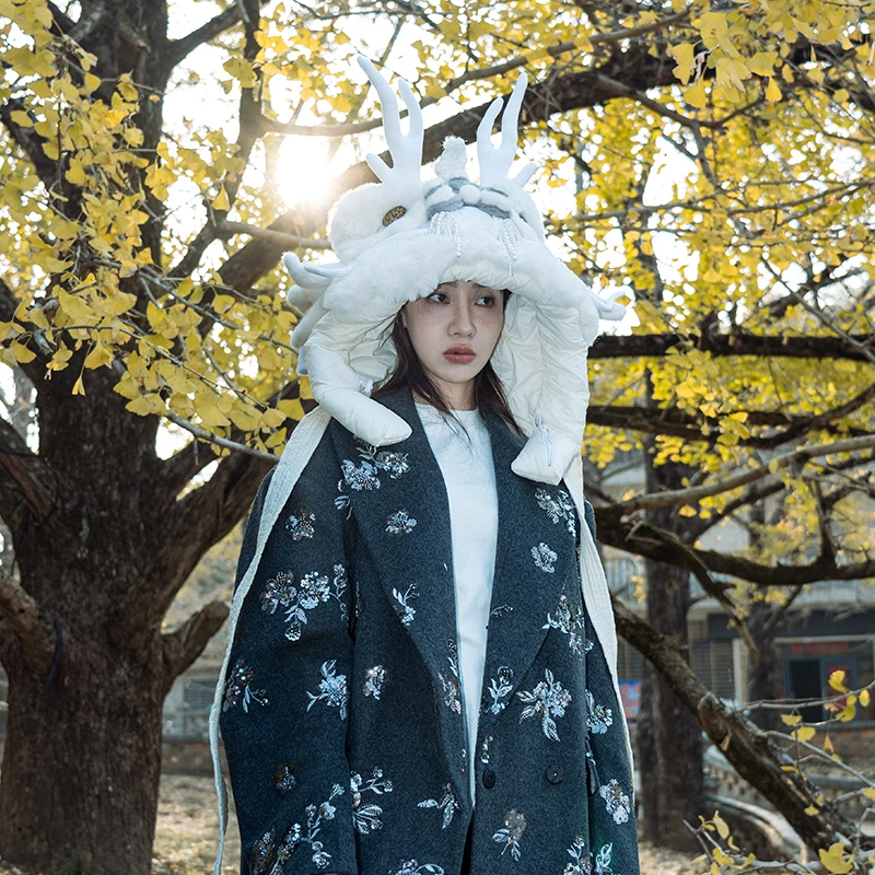 芽小七原创设计皦玉白龙丝棉帽滑雪冬天撞色防寒保暖亲子防风