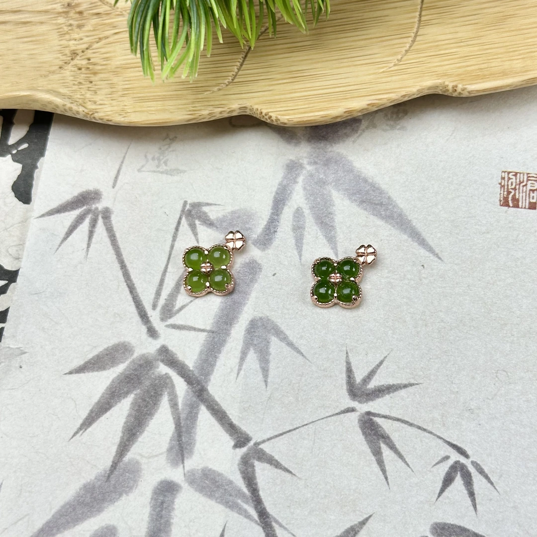 JYSP96和田玉碧玉幸运草S925银镶吊坠11*3mm+多样性发其一