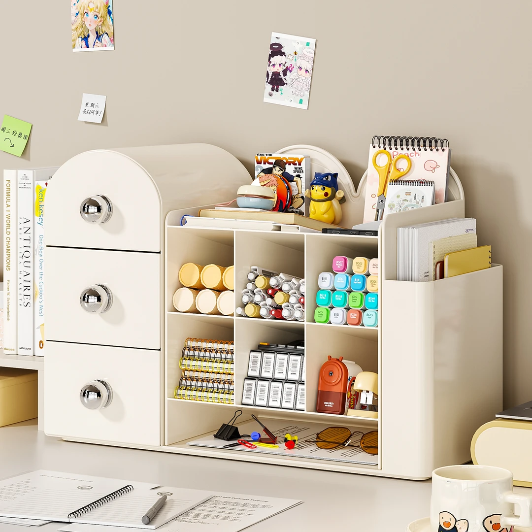 桌面收纳盒抽屉式办公室大容量斜插式笔筒书立多功能文具整理盒子