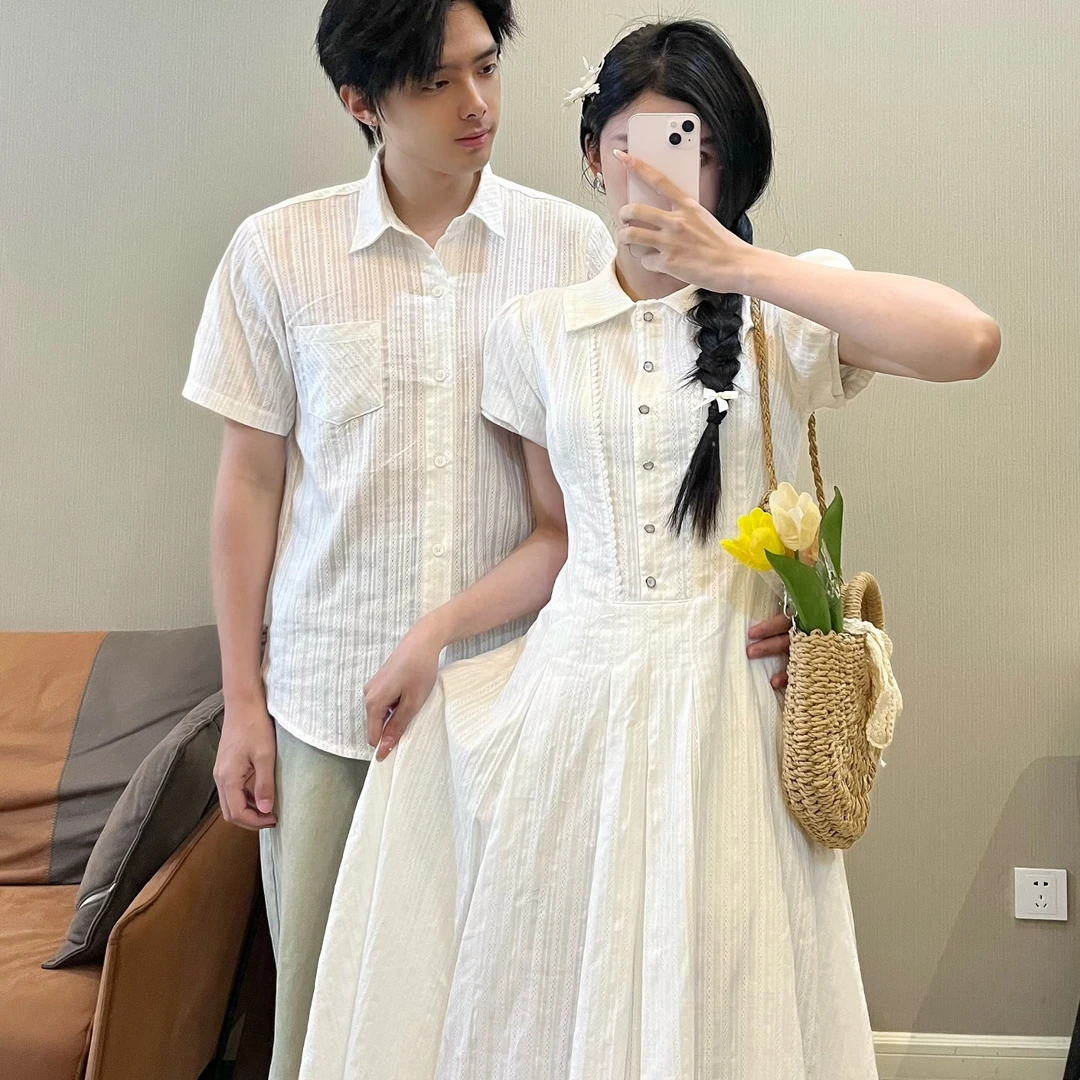 情侣装夏季条纹甜美短袖学院风时尚显瘦连衣裙男衬衫一裙一衣