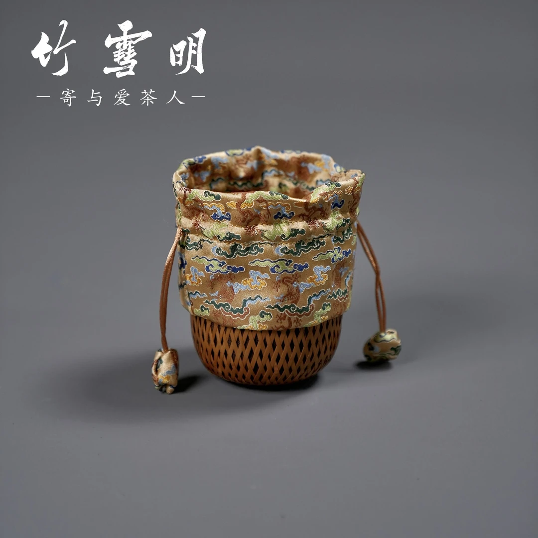 竹雪明|锦纹布竹编杯笼个人杯袋主人杯布袋收纳茶杯包茶具包