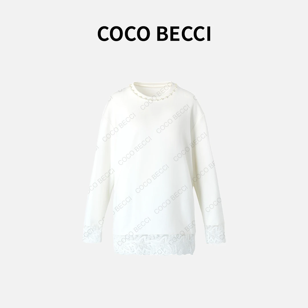 【珍珠小姐】COCOBECCI保暖显瘦蕾丝钉珠卫衣YT24YA140068