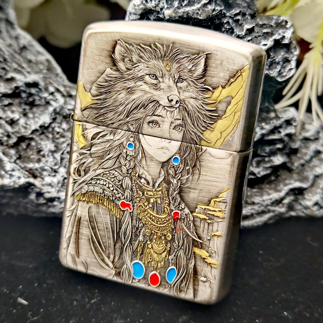 ZIPPO打火机正品防风 熏银盔甲鎏金狼女送男友防风DYJ1