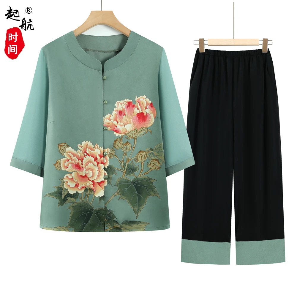 奶奶装夏装套装女中老年人冰丝短袖新款妈妈夏季老人宽松大码衣服