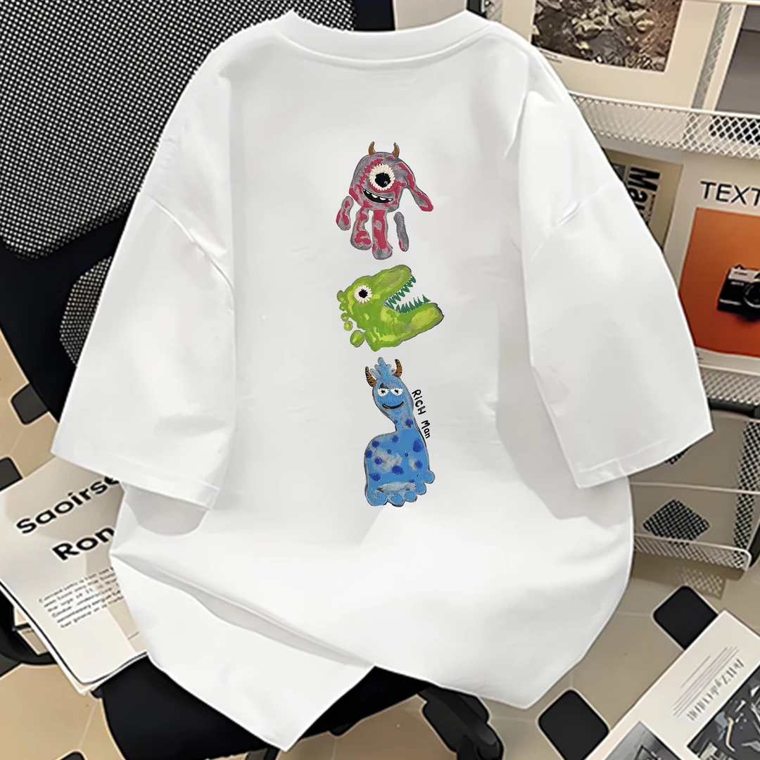 港风痞帅重磅纯棉短袖-三色小鬼兽男女潮牌宽松百搭圆领上衣