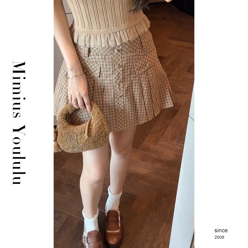 【mimius】U 25早秋复古格纹刺绣百褶裙裤（正腰） G07007-1