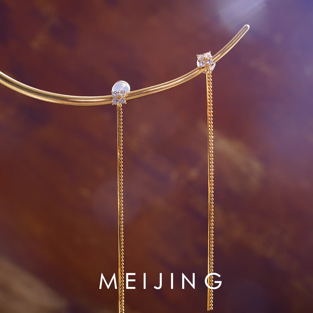 黄铜锆石耳饰 【垂帘】气质千金百搭设计师镶嵌长款流苏耳环