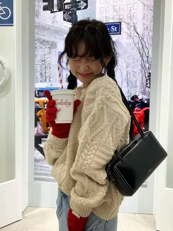 小雅姐姐  韩系纯色复古棱形麻花套头休闲毛衣IK56