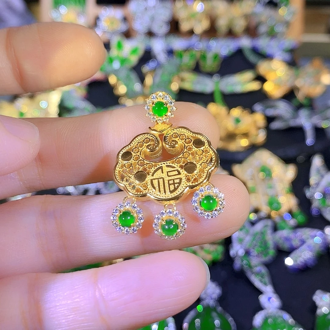 吊坠(不含链)银S925镶嵌翡翠