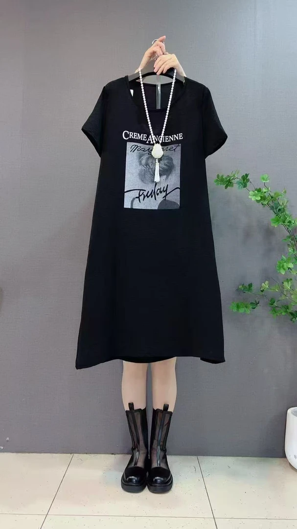 大码连衣裙圆领夏季天丝麻美女图长款T裙7059