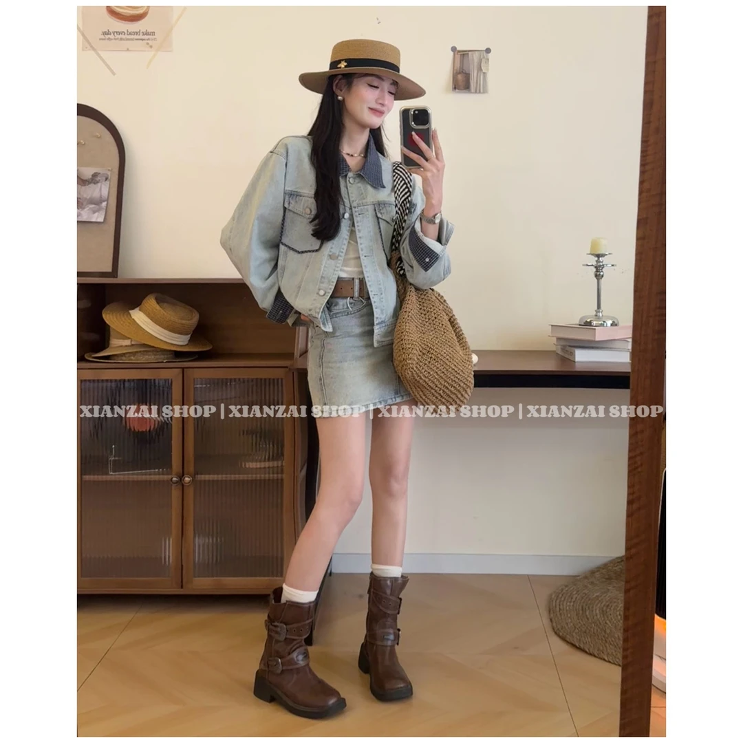 XIANZAI【贩卖复古】秋季新款格纹拼接牛仔外套短裙腰带三件套装