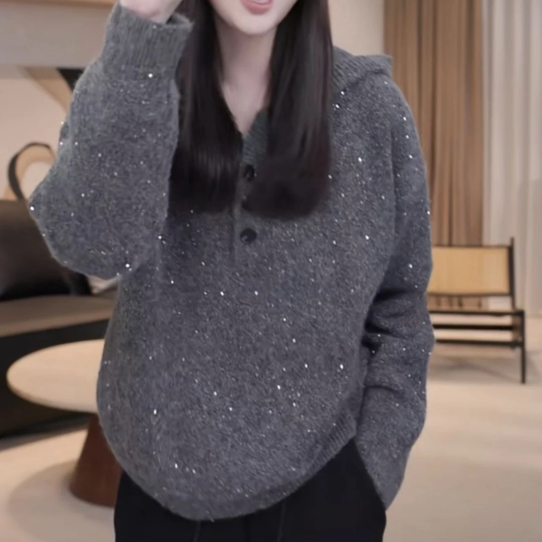 2024秋冬新款慵懒风半开扣连帽套头毛衣女宽松显瘦软糯针织上衣女