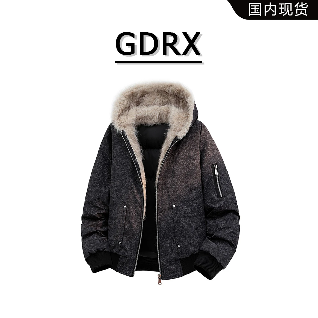 GDRX美式连帽男款棉服2025冬季保暖扎染绒感百搭男装大码宽松外套