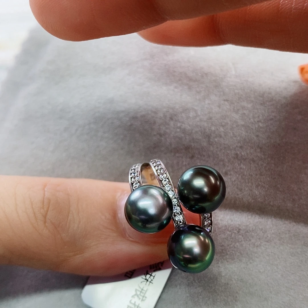 银S925镶嵌戒指海水珍珠8-9