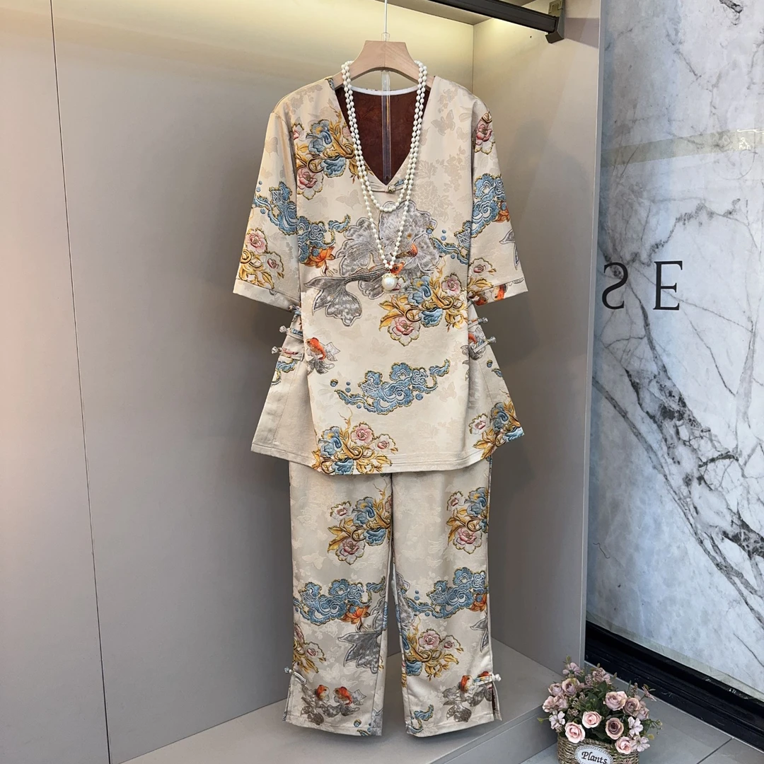 新夏季复古时尚开叉盘扣装饰国风气质v领轻奢小脚裤百搭显瘦套装