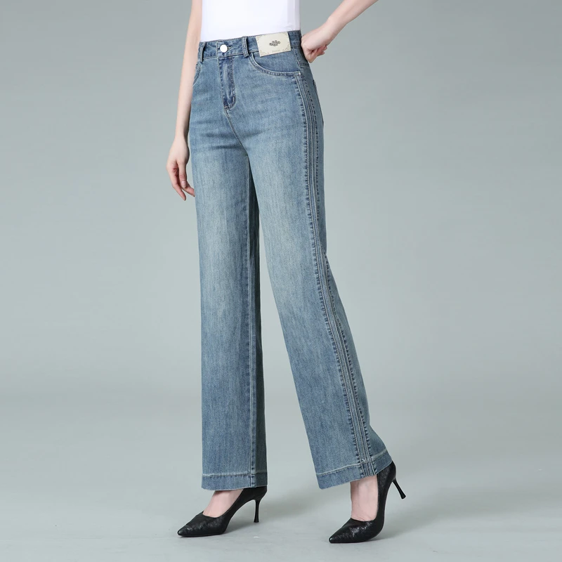约文库费女士春秋中年妈妈阔腿牛仔裤女高腰弹力休闲裤浅色女裤子