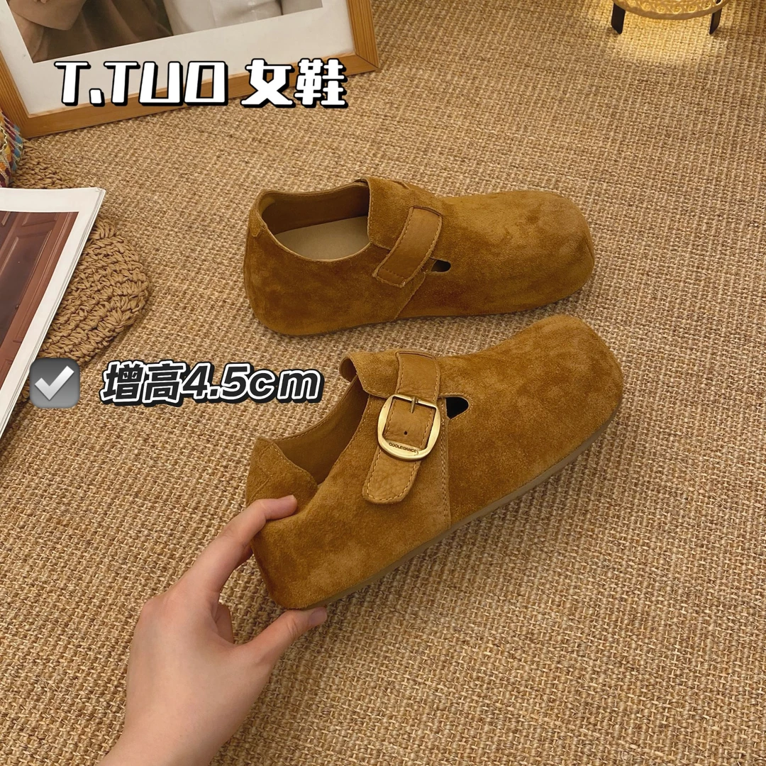 圆头全包厚底勃肯鞋女2025秋季新款复古内增高软底休闲一字扣单鞋