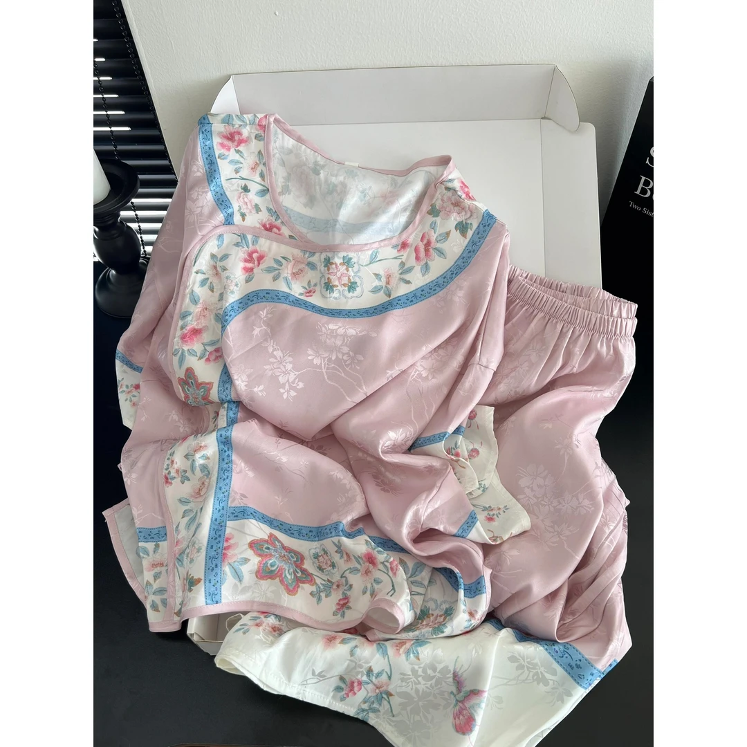 新中式国风气质碎花提花睡衣女夏款宽松大码可外穿出门家居服套装