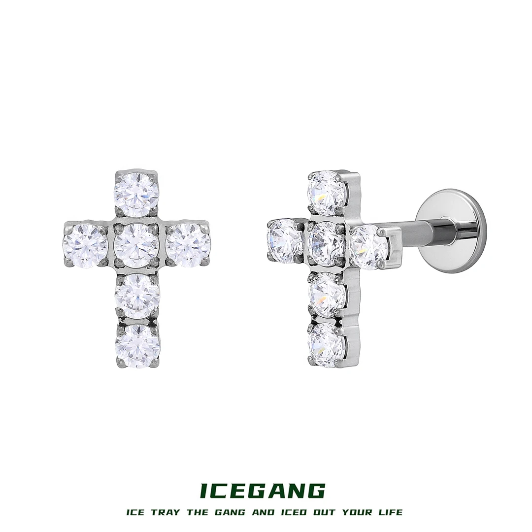 ICEGANG 钛合金合成锆石耳饰 F136钛合金经典无边十字架耳钉穿刺