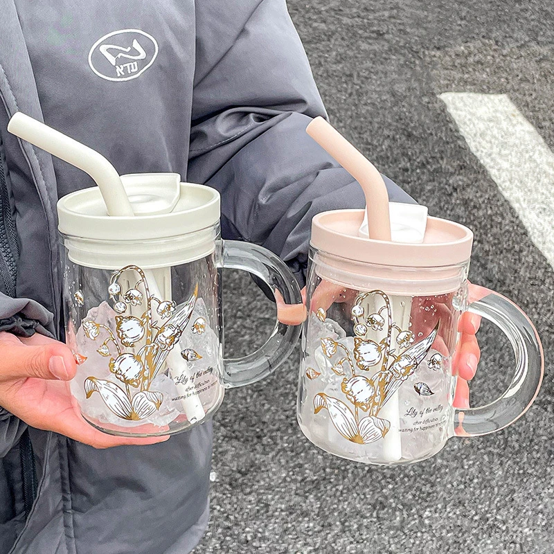 大容量网红便携可爱学生防摔简约创意韩版少女心带盖吸管杯水杯