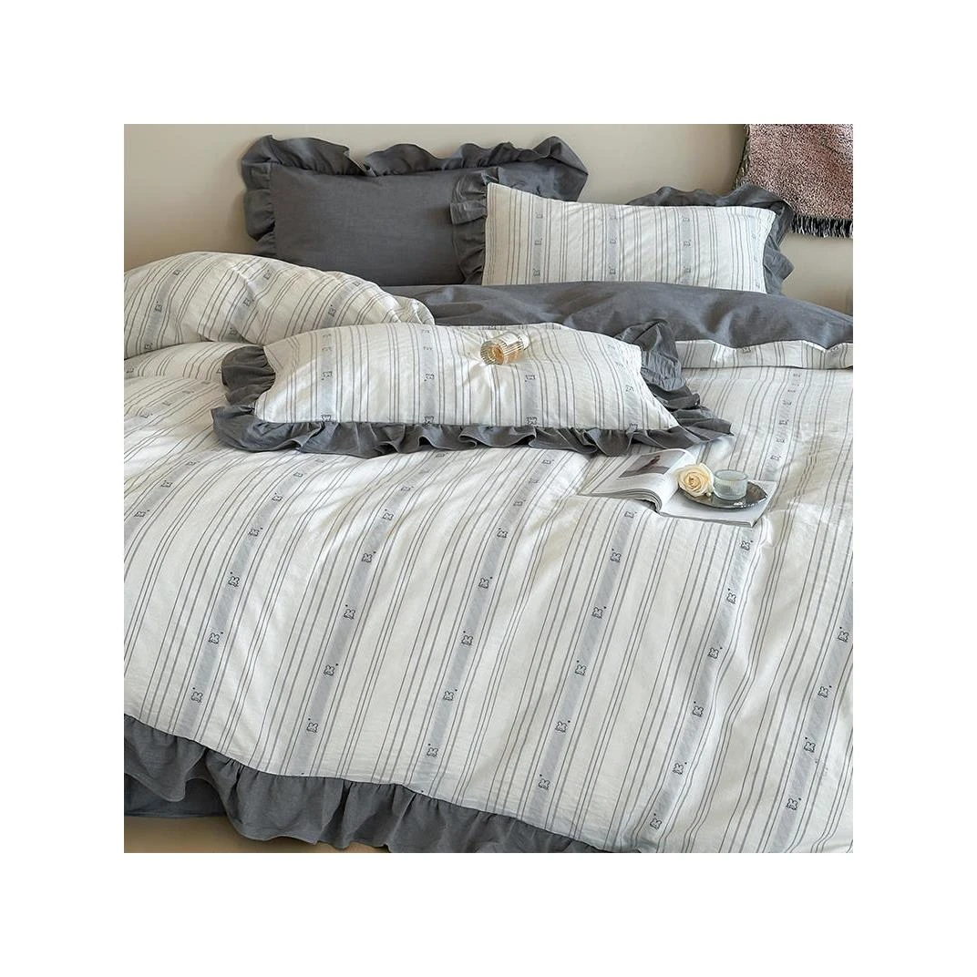 ins全棉水洗棉纯色可爱四件套纯棉花边被套床单1.51.8米双人床品