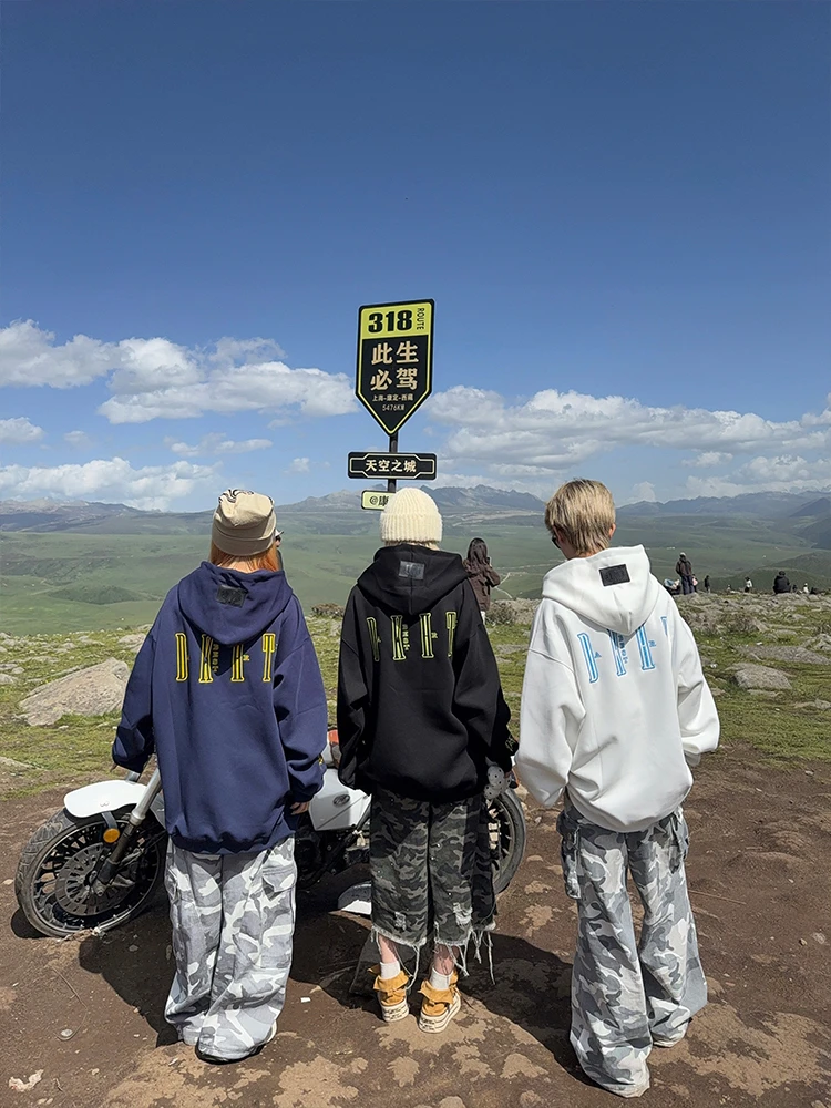 126KID 原创美式复古字母刺绣连帽卫衣男女秋冬宽松情侣外套帽衫