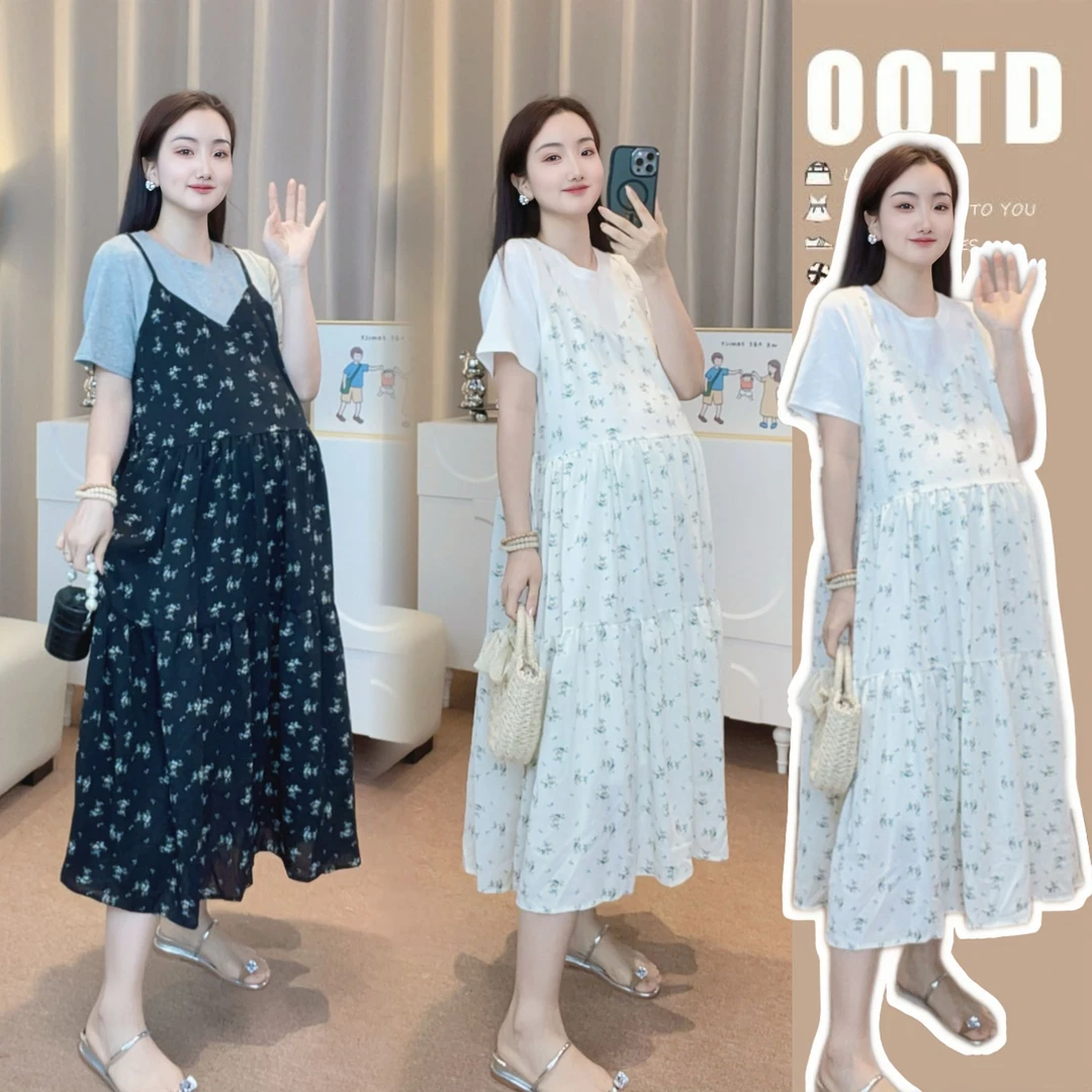 【橙子】孕妇夏装连衣裙2025新款夏季碎花拼接假两件裙子中长款宽松