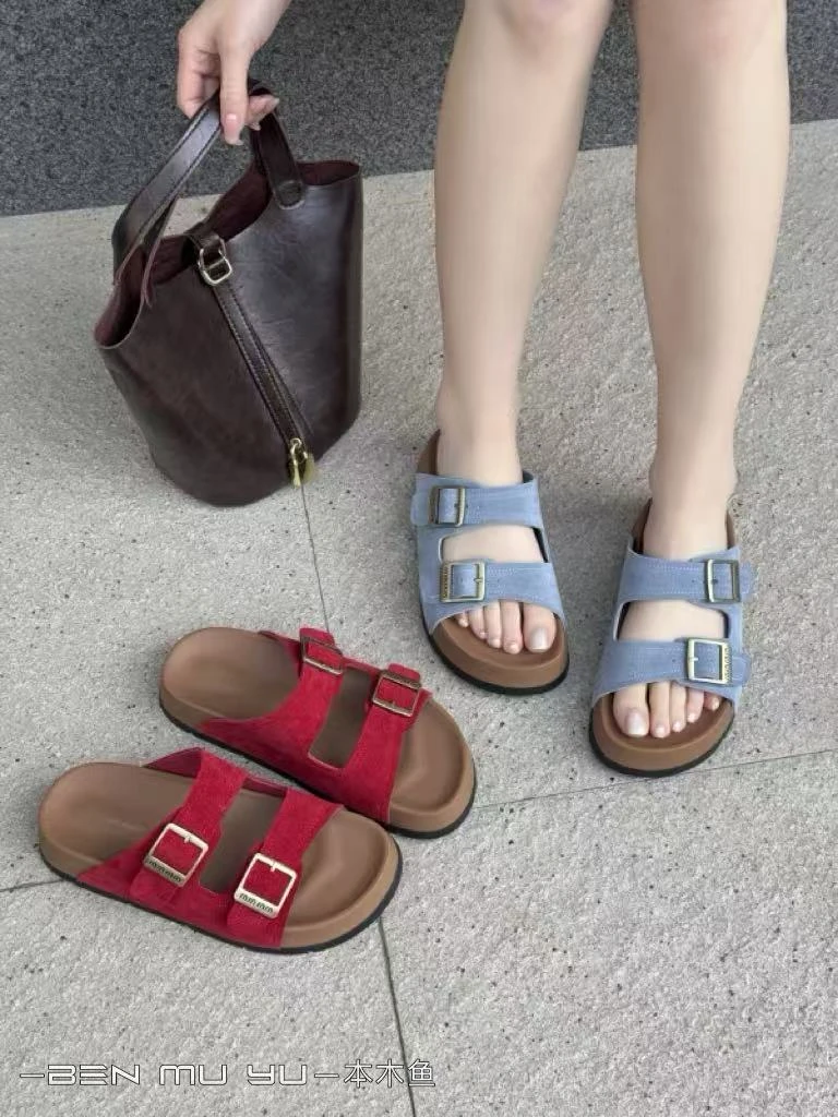 【本木鱼】7090夏季2025新款真皮绒面厚底勃肯百搭拖鞋