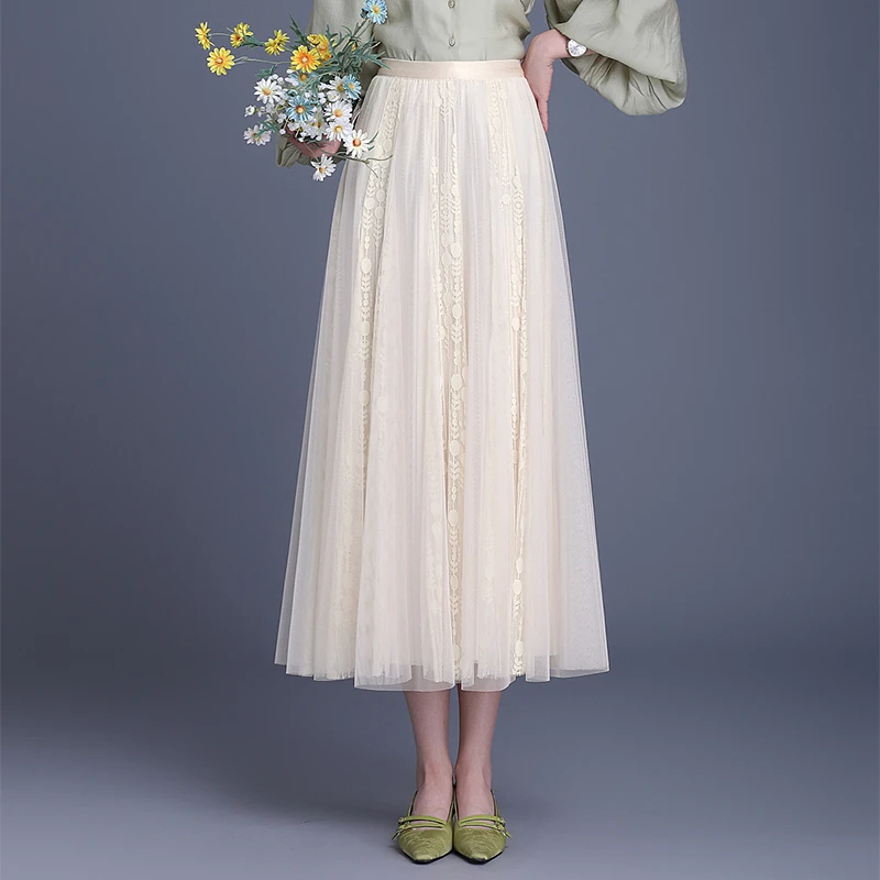 纱裙半身裙轻奢高级感长裙到脚踝网纱大摆裙显瘦森系a字百褶裙春