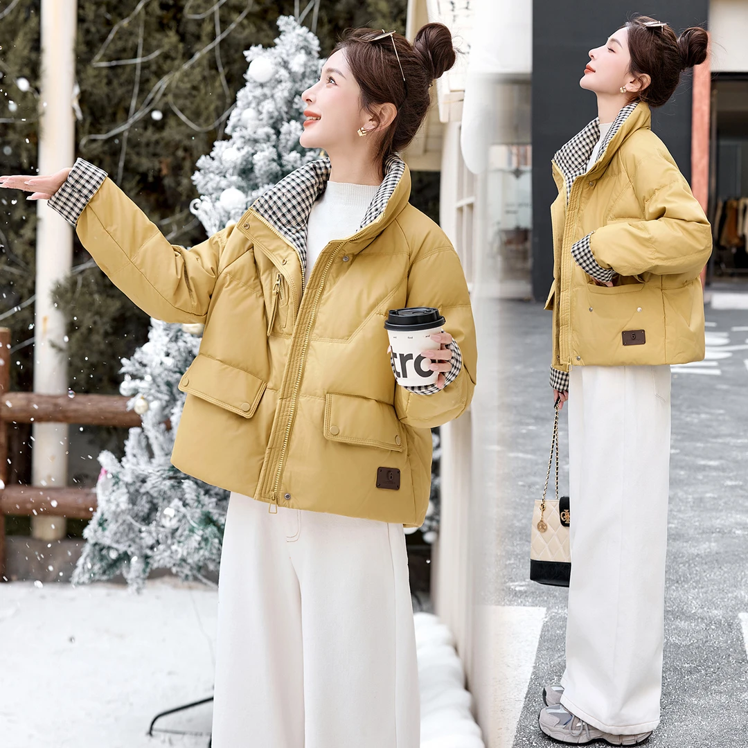 时尚格纹拼接白鸭绒羽绒服皮衣洋气高贵上衣外出新款外套干练总裁