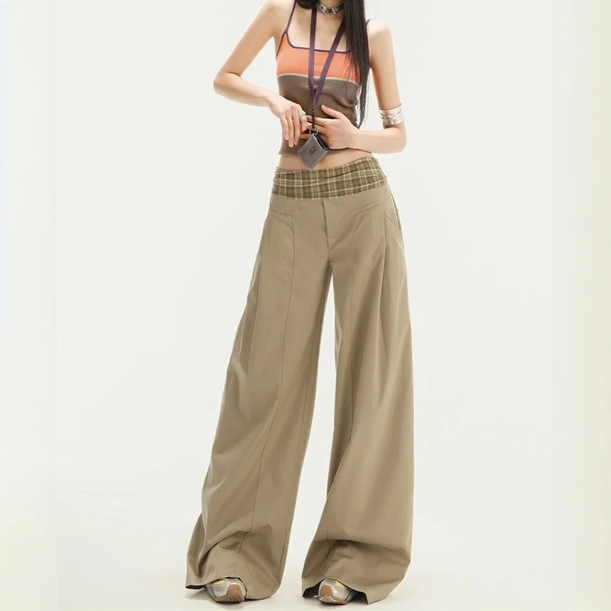 2025新款格纹拼接休闲裤女春夏设计感慵懒西装阔腿高级感高腰裤子
