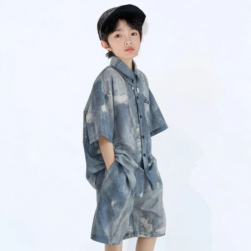 X9090（潮牌仿牛仔）夏季新款扎染套装丝滑短袖休闲中性款帅气