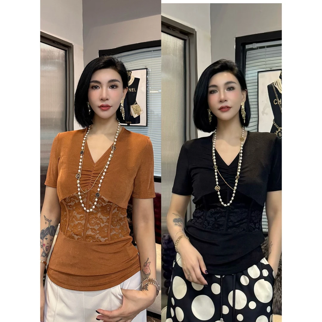 SONG-原创【上衣-杏雨梨花】新款拼接蕾丝气质V领后背镂空透气短袖