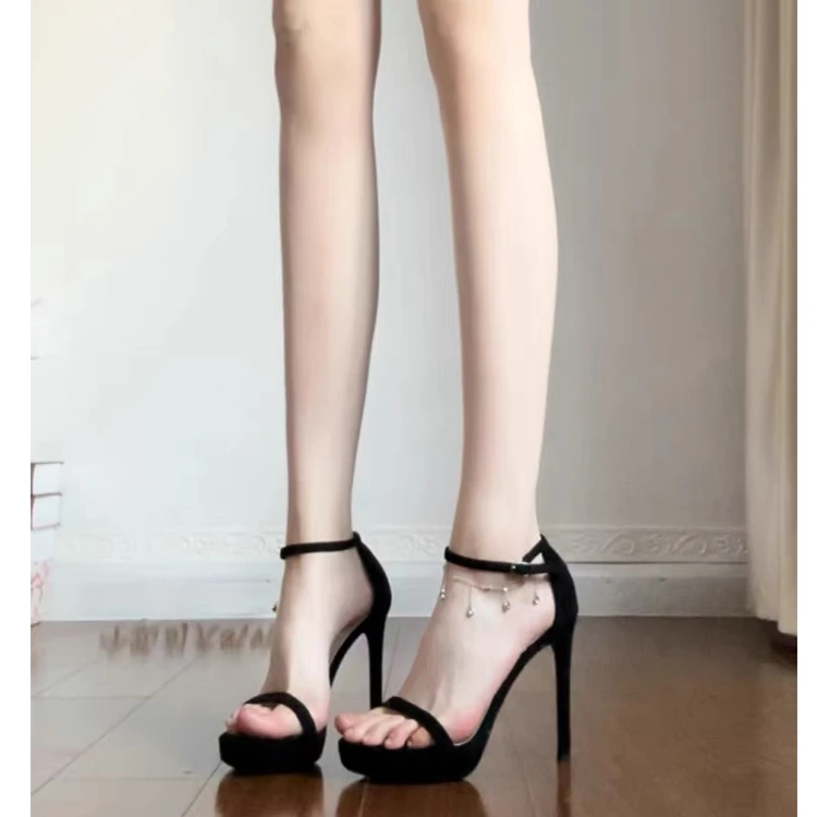 2025新款夏季绒面黑色高跟鞋一字带扣性感细跟防水台凉鞋女12cm