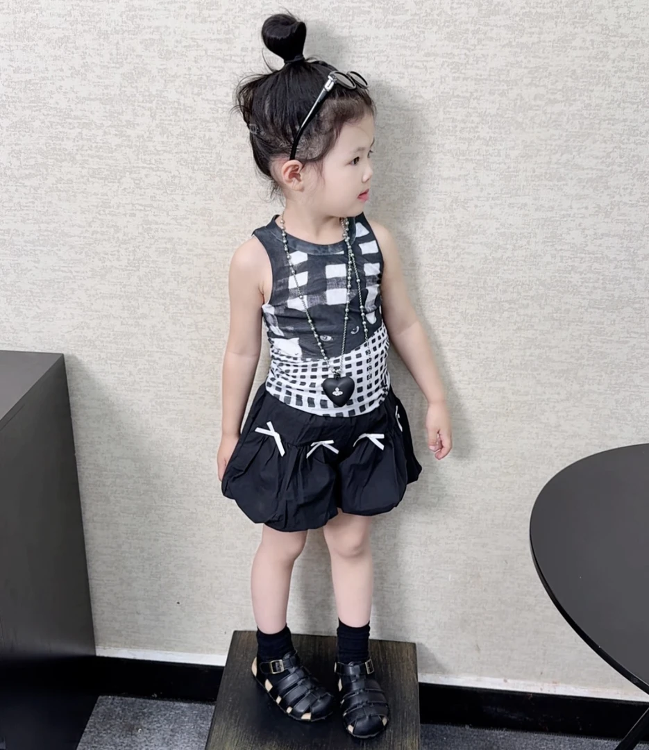 Kk·儿童夏季新款时髦格子猫咪无袖背心