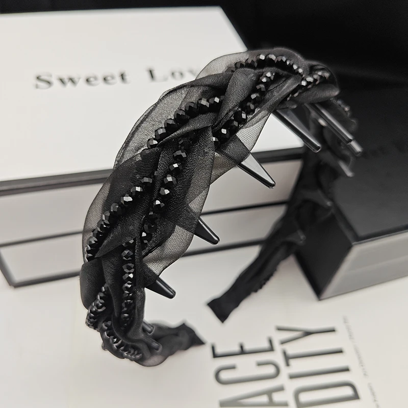 春夏新款欧根纱黑色串珠波浪发箍防滑麻花齿梳发卡气质洗脸头箍