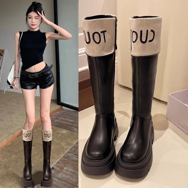 厚底拼色长筒靴女2025秋冬新款增高不过膝高筒骑行靴小个子长靴子